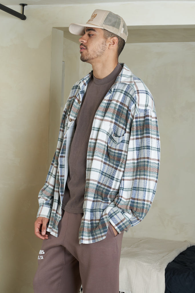 Vintage Joy Flannel -  White + Brown + Blue + Green - Joy Dreamers